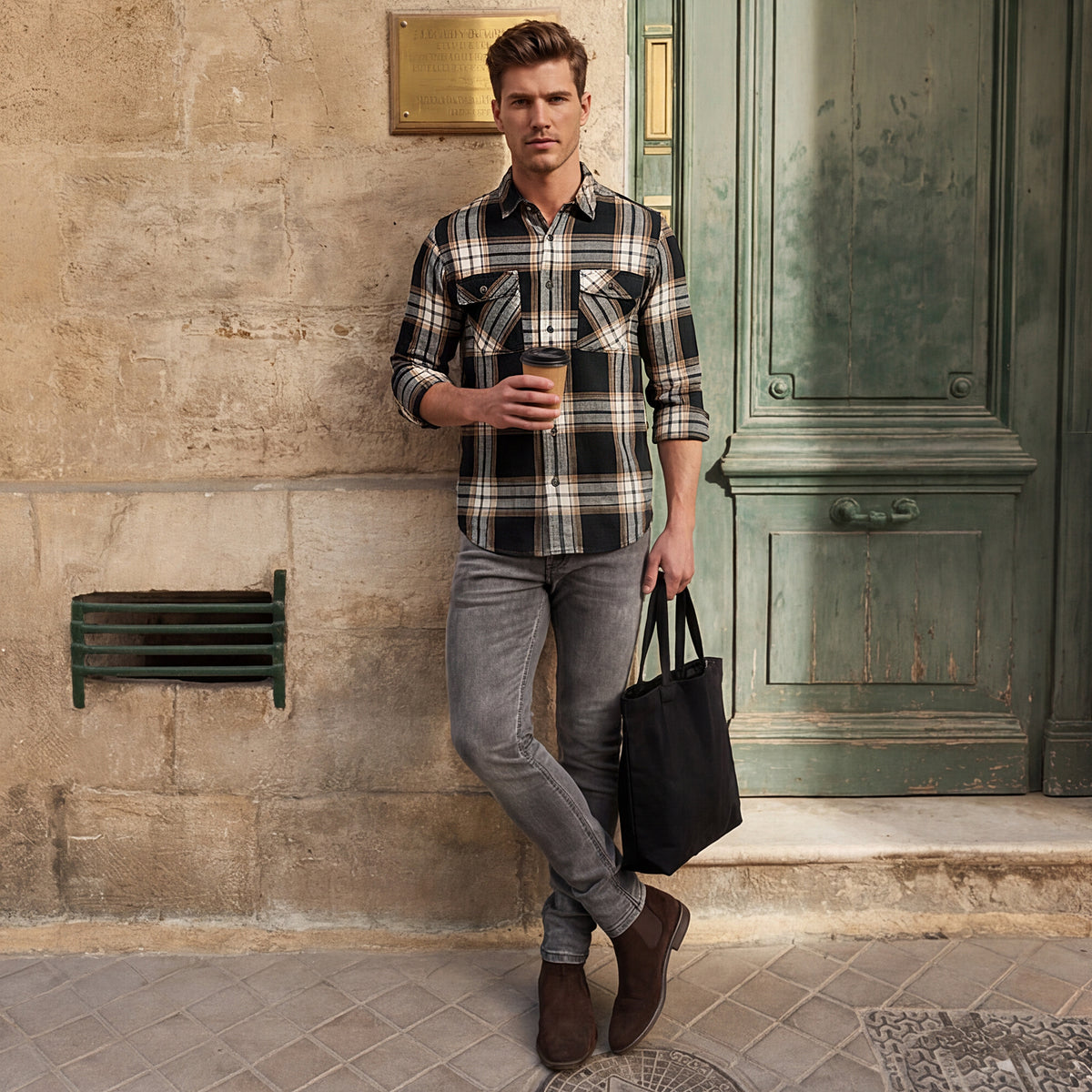 Full Sleeves Slim Fit Black Heavy Cavalry Double Pocket Checks Shirt