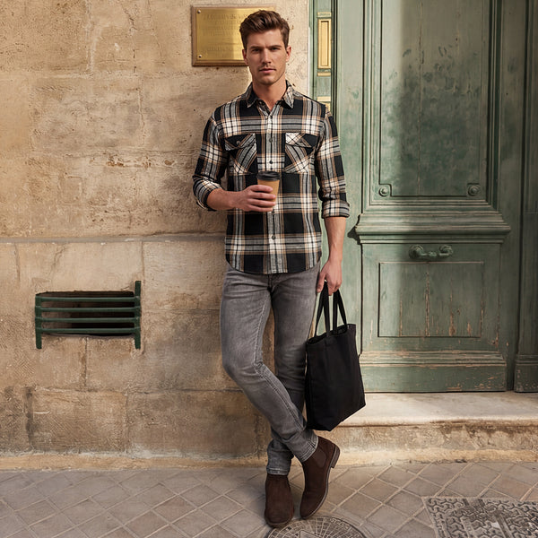Full Sleeves Slim Fit Black Heavy Cavalry Double Pocket Checks Shirt