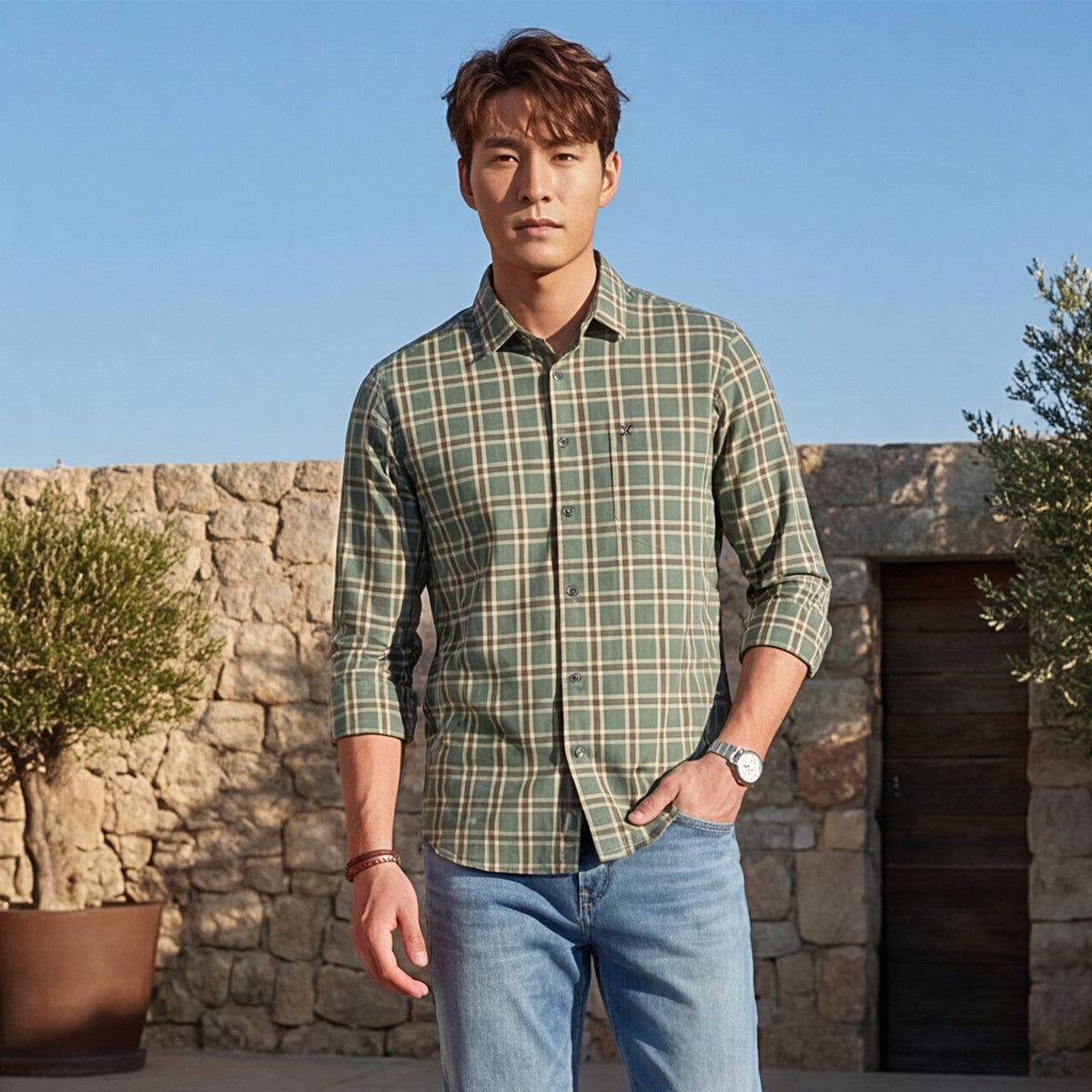Full Sleeves Slim Fit Sage Green Checks Shirt