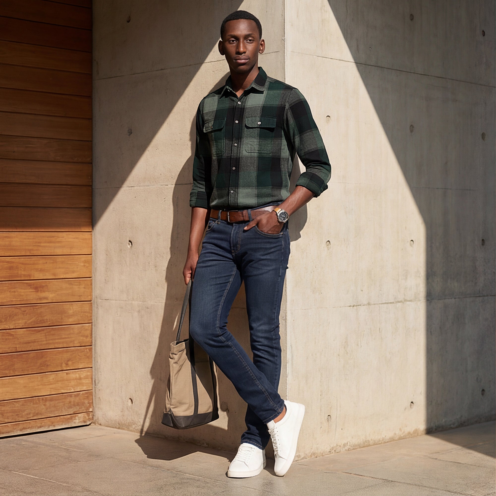 Men Dark Green Checks Slim Fit Shirt