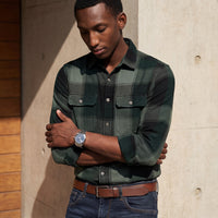 Full Sleeves Slim Fit Bottle Green Heavy Structure Double Pocket Checks Shirt