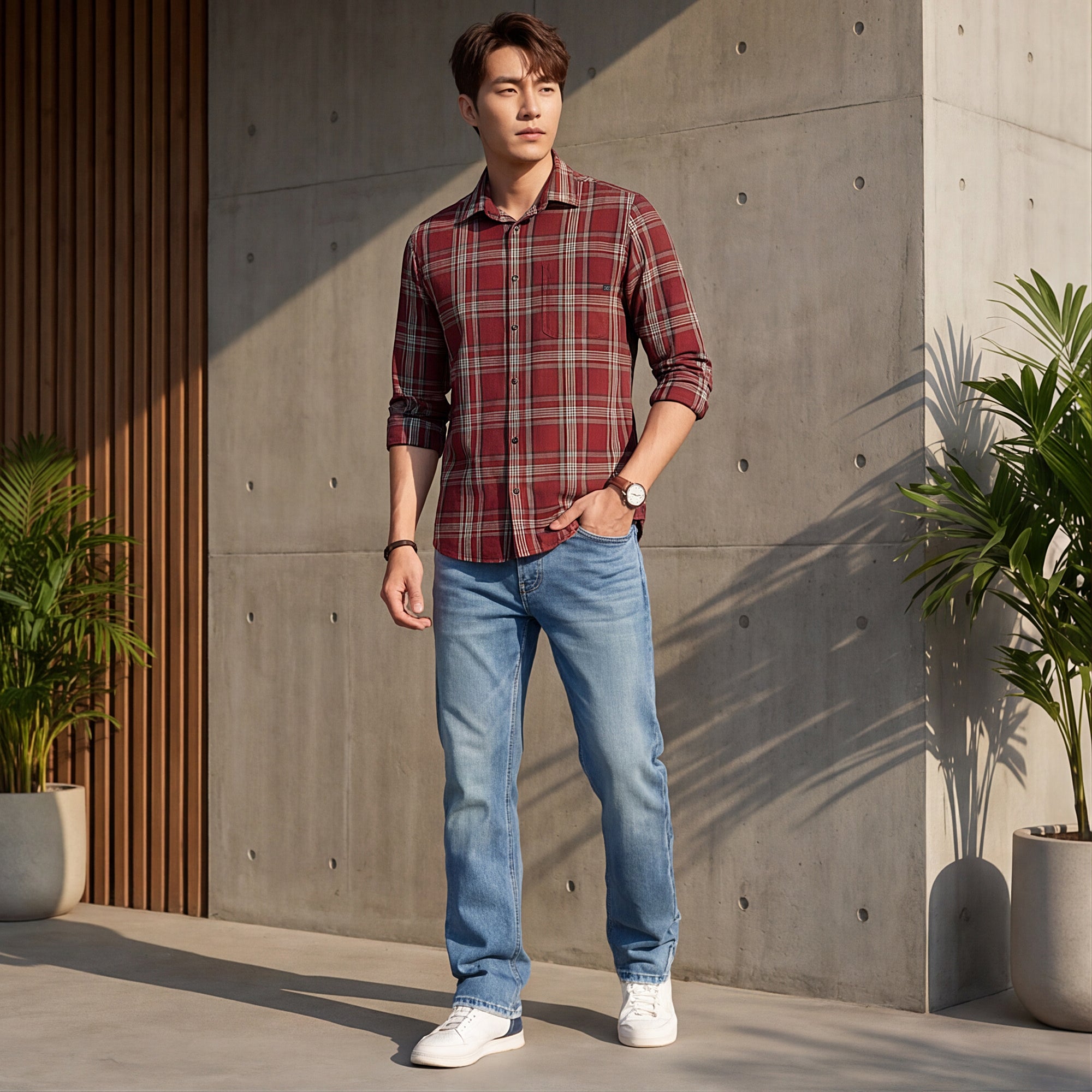 Men Maroon Checks Slim Fit Shirt