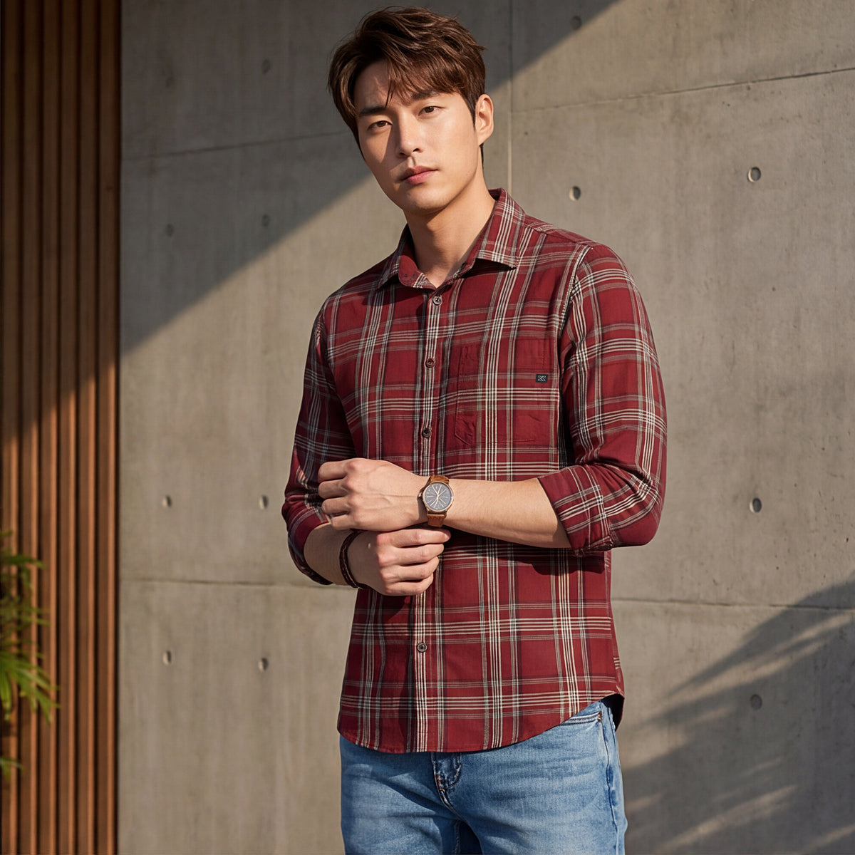 Full Sleeves Slim Fit Maroon Cavalry Checks Shirt