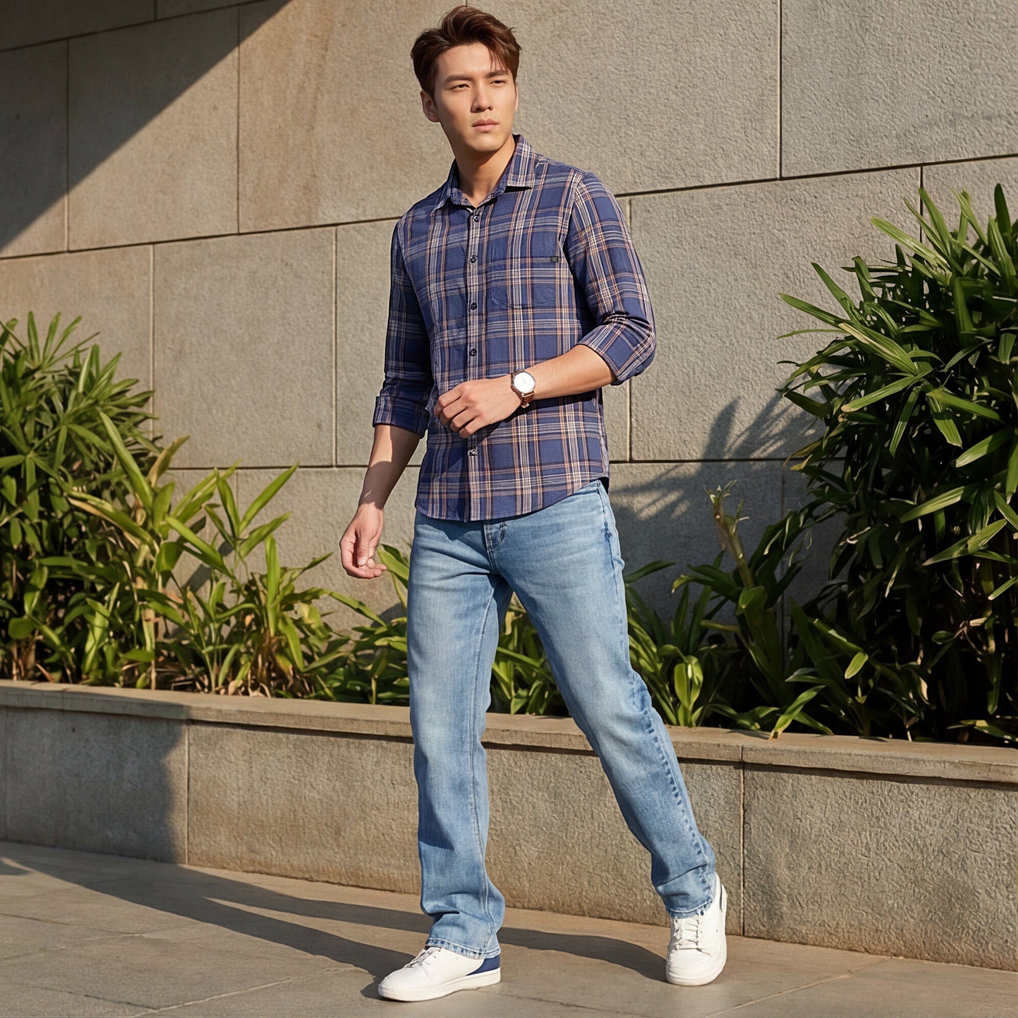 Men Blue Checks Slim Fit Shirt