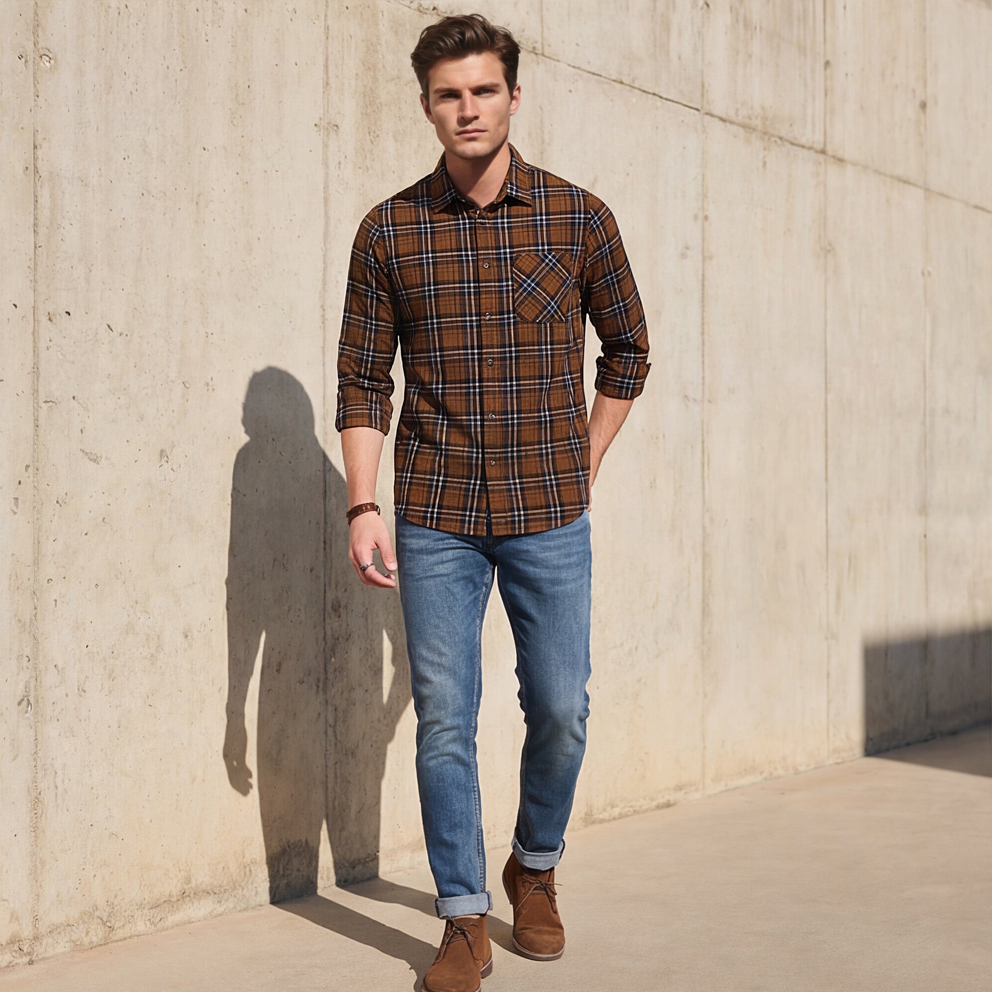 Men Brown Checks Slim Fit Shirt