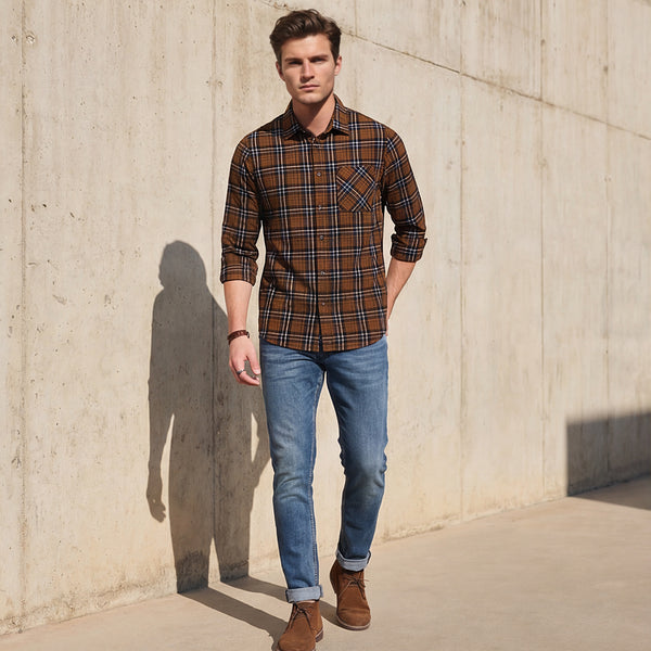 Full Sleeves Slim Fit Brown Dobby Structure Checks Shirt