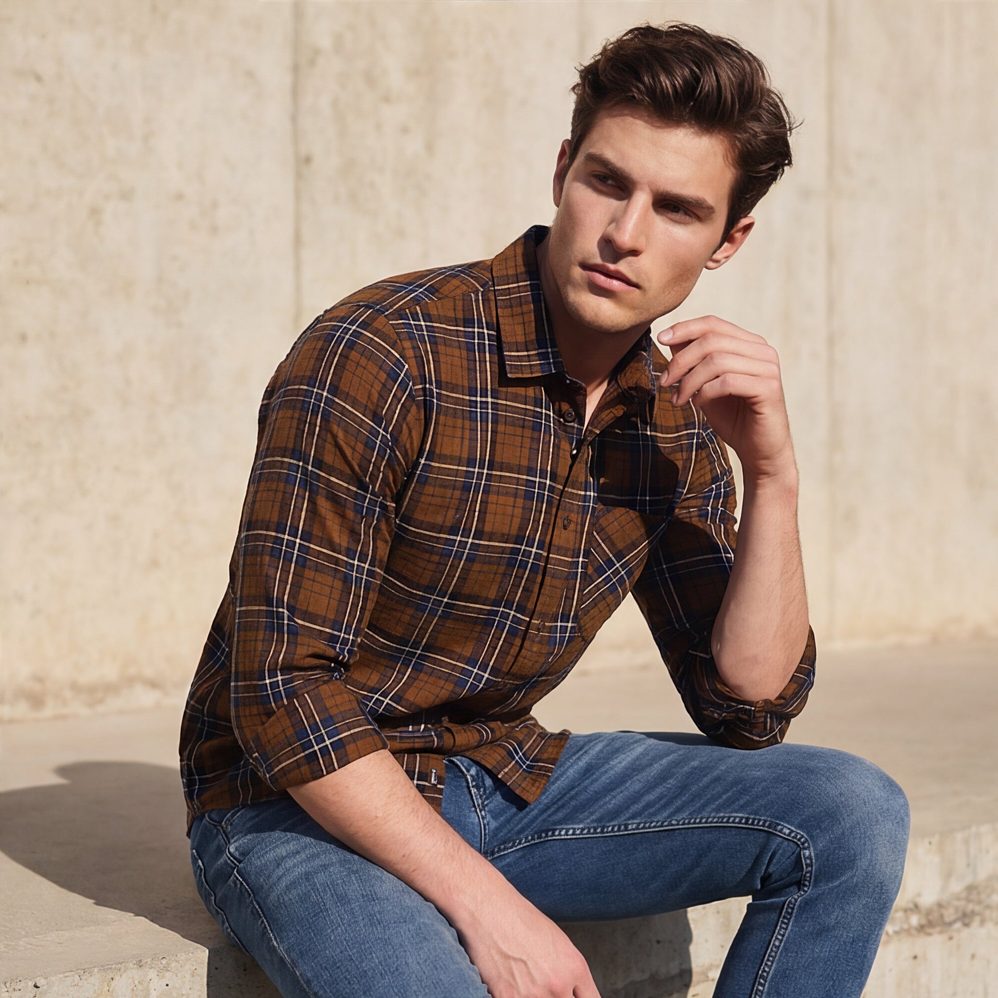 Men Brown Checks Slim Fit Shirt