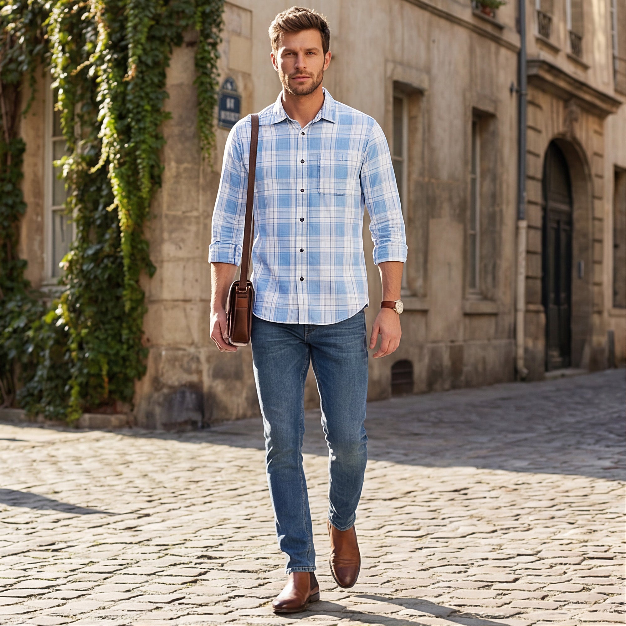 Men Light Blue Checks Slim Fit Shirt