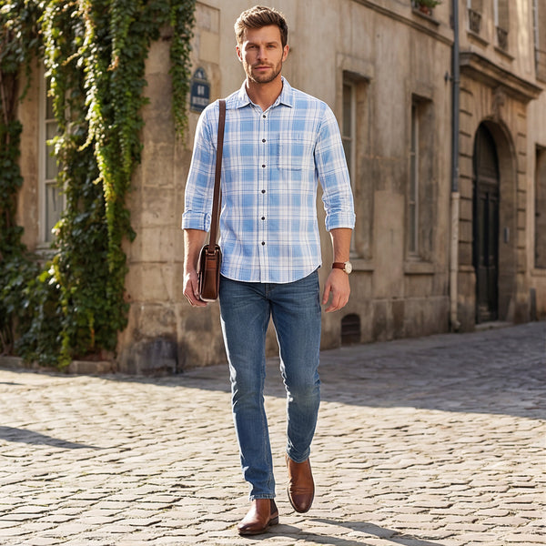 Full Sleeves Slim Fit Ice-Blue Washed Indigo Checks Shirt