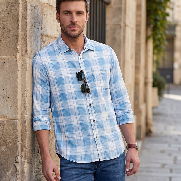Full Sleeves Slim Fit Ice-Blue Washed Indigo Checks Shirt