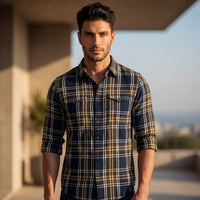 Full Sleeves Slim Fit Navy Brushing Double Pocket Checks Shirt