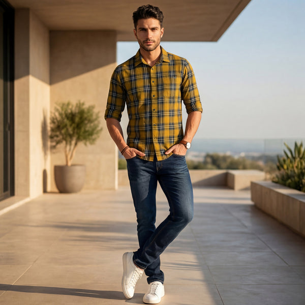 Full Sleeves Slim Fit Mustard Structure Checks Shirt