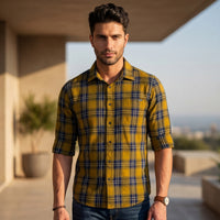 Full Sleeves Slim Fit Mustard Structure Checks Shirt