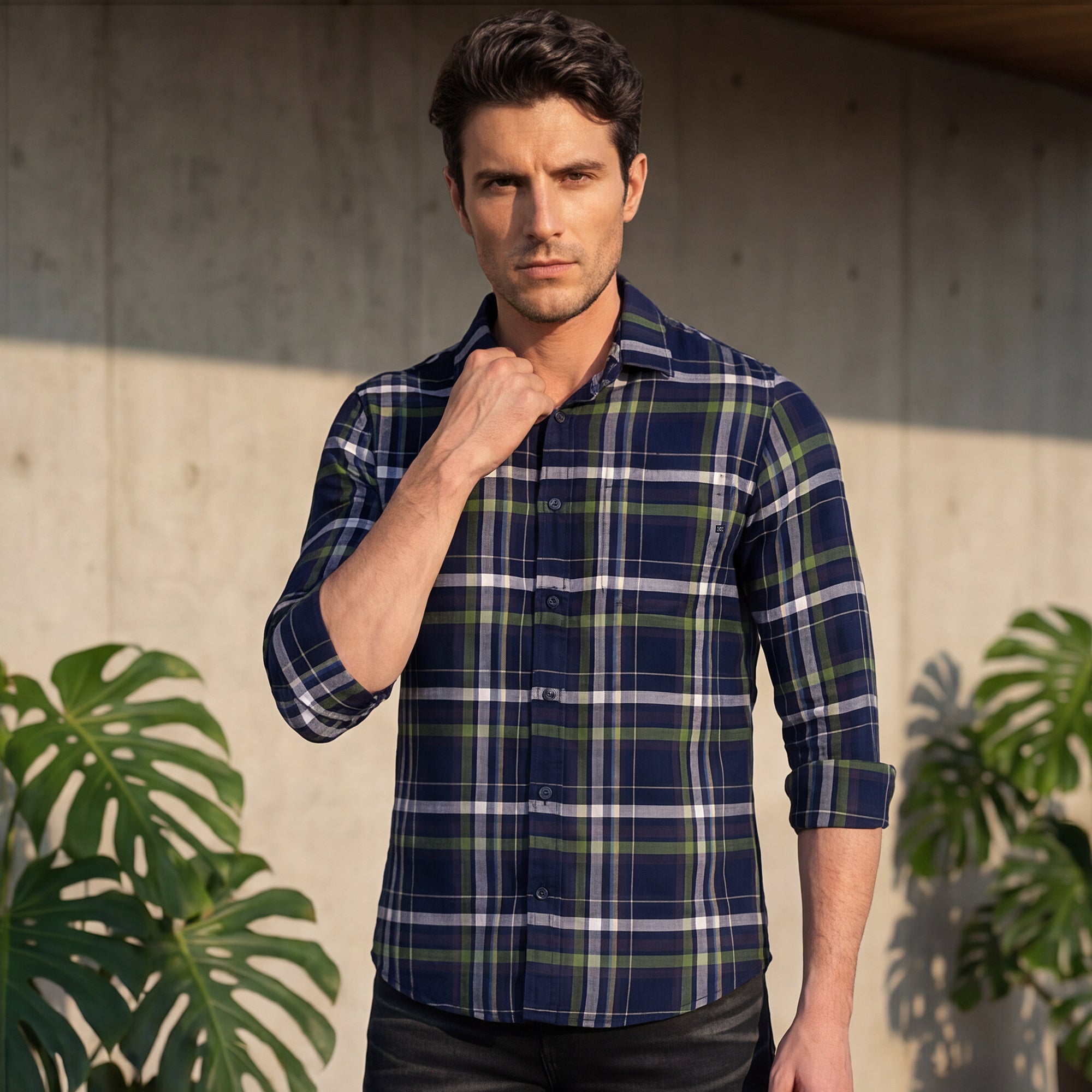 Men Navy Checks Slim Fit Shirt