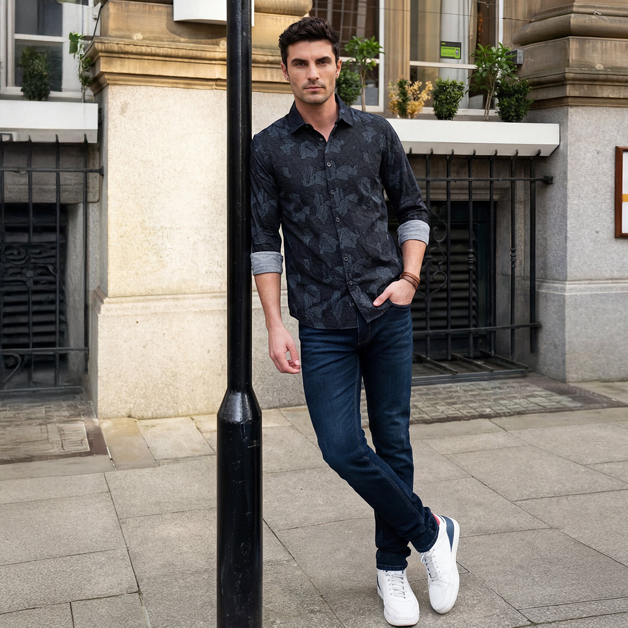 Full Sleeves Slim Fit Grey All-Over Abstract Print Shirt