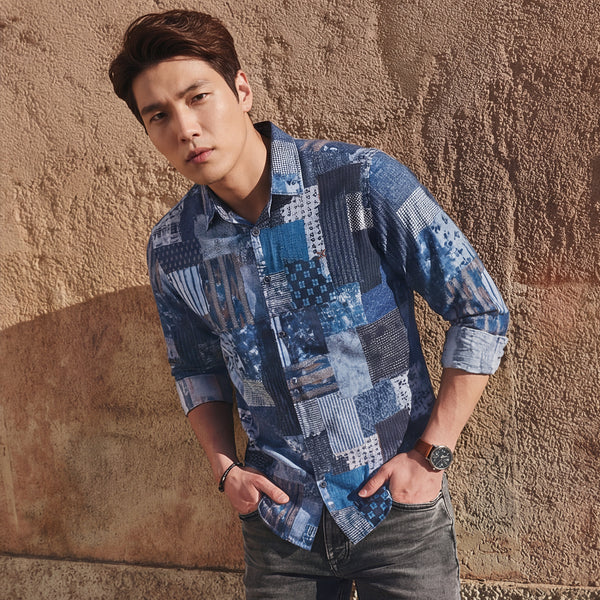 Men's Navy Printed Slim Fit Shirts