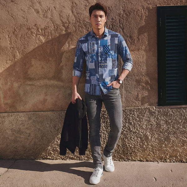 Men's Navy Printed Slim Fit Shirts