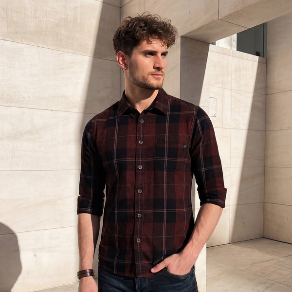 Full Sleeves Slim Fit Brown Honeycomb Corduroy Checks Shirt