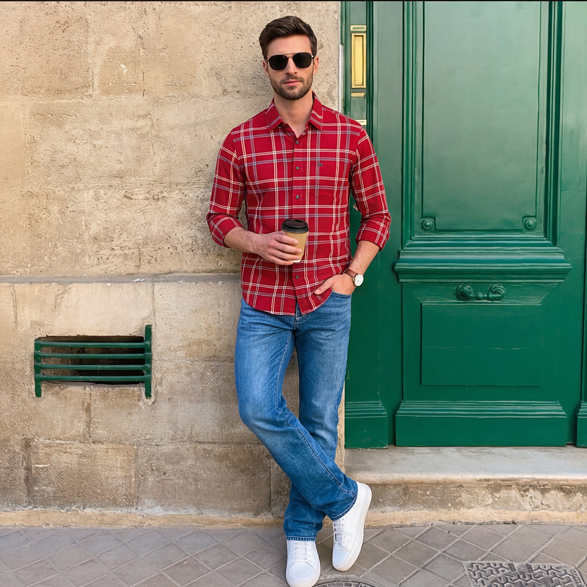 Men Red Checks Slim Fit Shirt