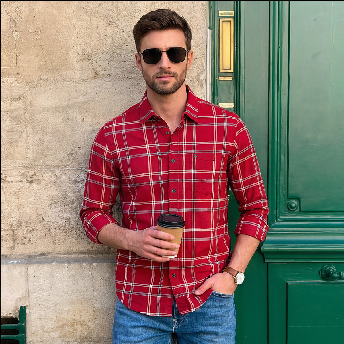 Full Sleeves Slim Fit Red Structure Oxford Checks Shirt