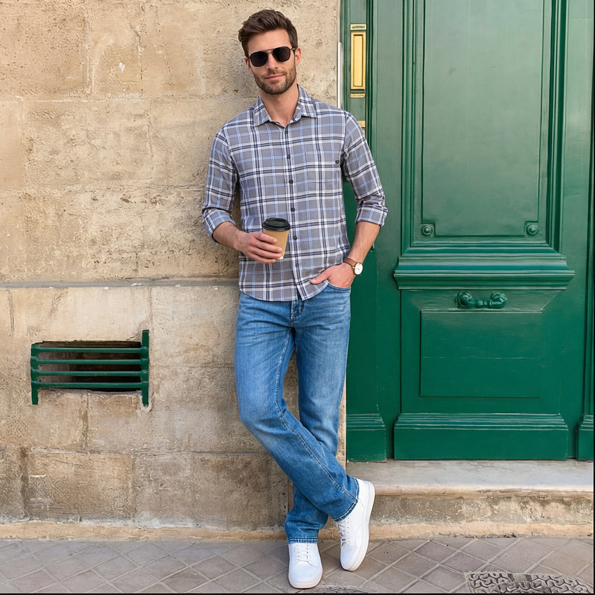 Full Sleeves Slim Fit Grey Structure Checks Shirt
