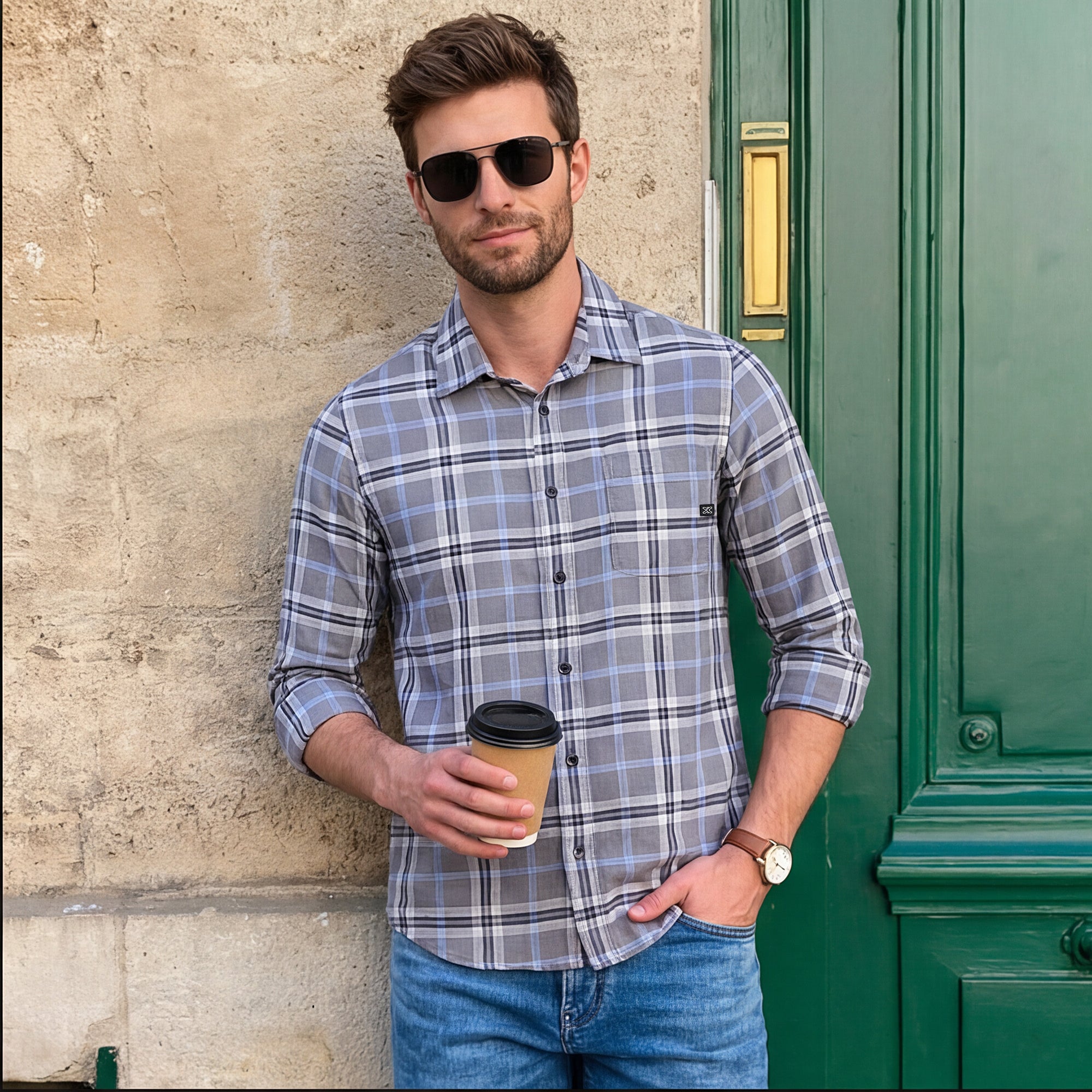 Men Grey Checks Slim Fit Shirt