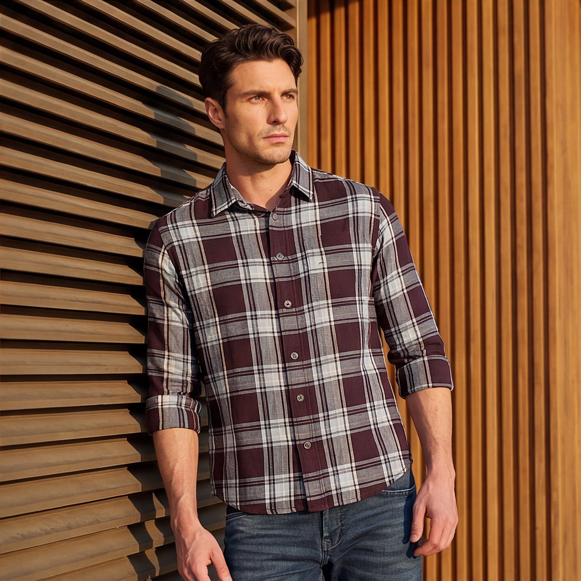 Men Wine Checks Slim Fit Shirt