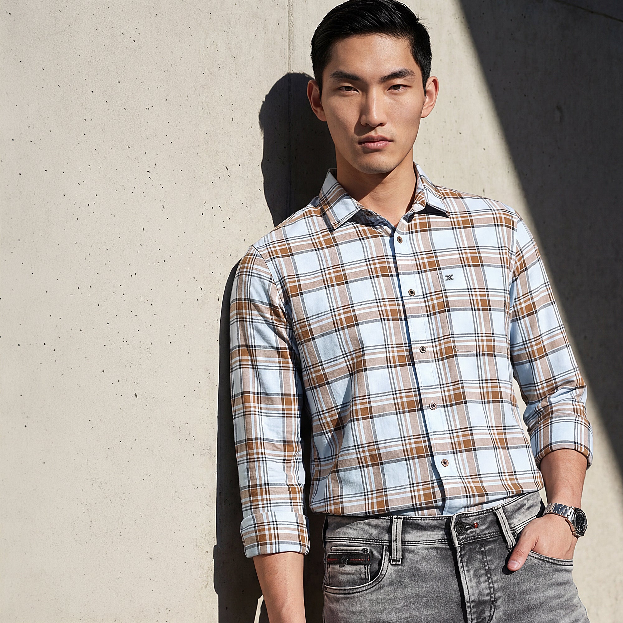 Full Sleeves Slim Fit Sky Blue Oxford Checks Shirt