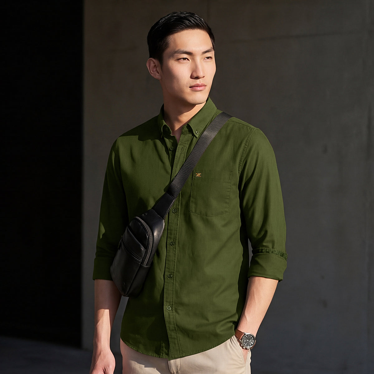 Full Sleeves Slim Fit Olive Button-Down Oxford Solid Shirt