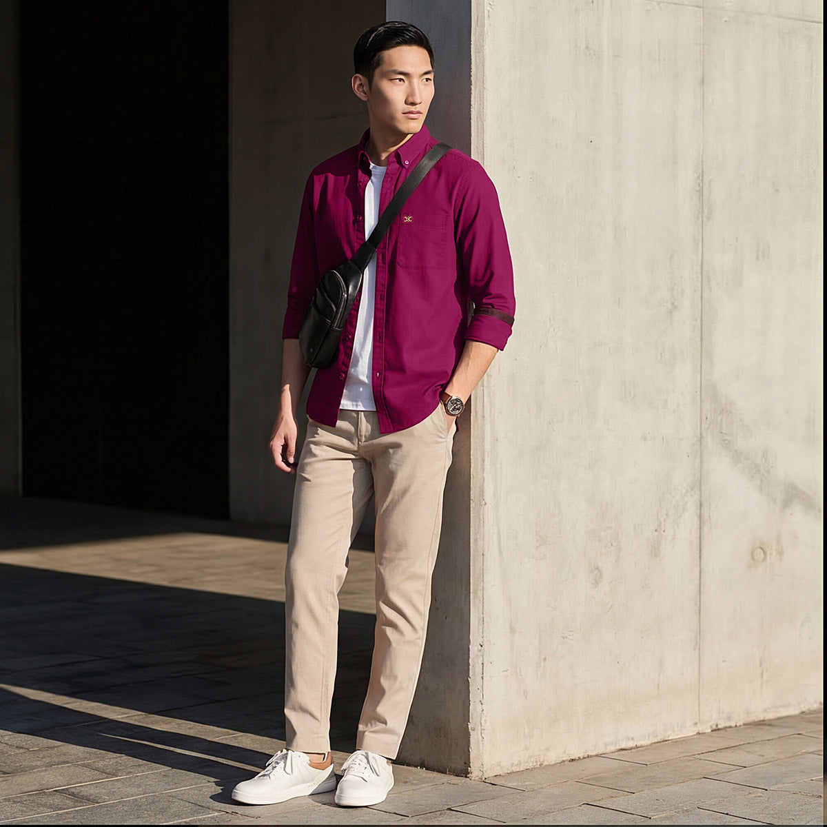 Full Sleeves Slim Fit Plum Button-Down Oxford Solid Shirt