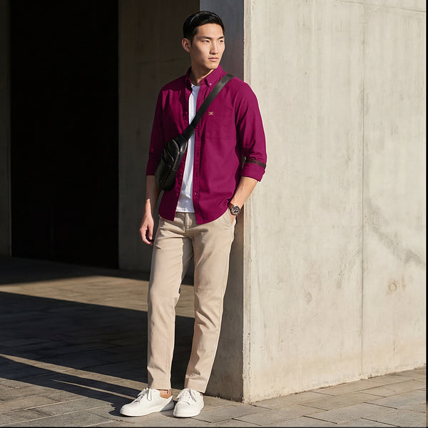Full Sleeves Slim Fit Plum Button-Down Oxford Solid Shirt