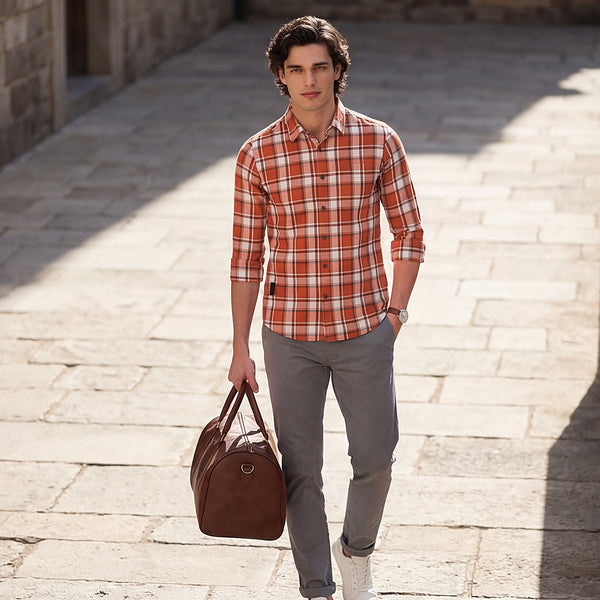 Full Sleeves Slim Fit Rust Checks Shirt