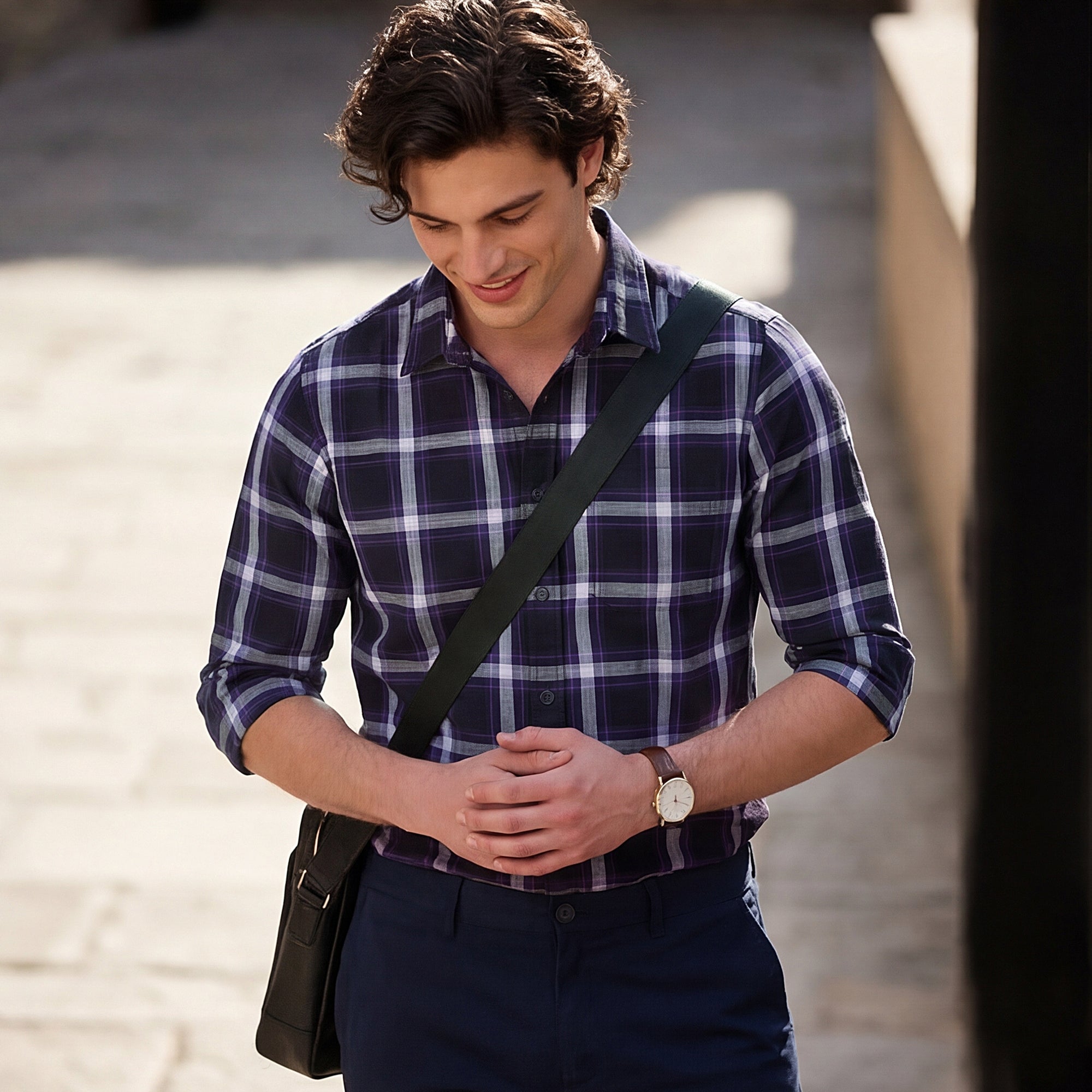 Full Sleeves Slim Fit PurpleHerringbone Structure Checks Shirt