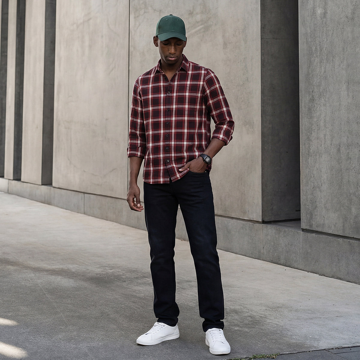 Full Sleeves Slim Fit Maroon Herringbone Structure Checks Shirt