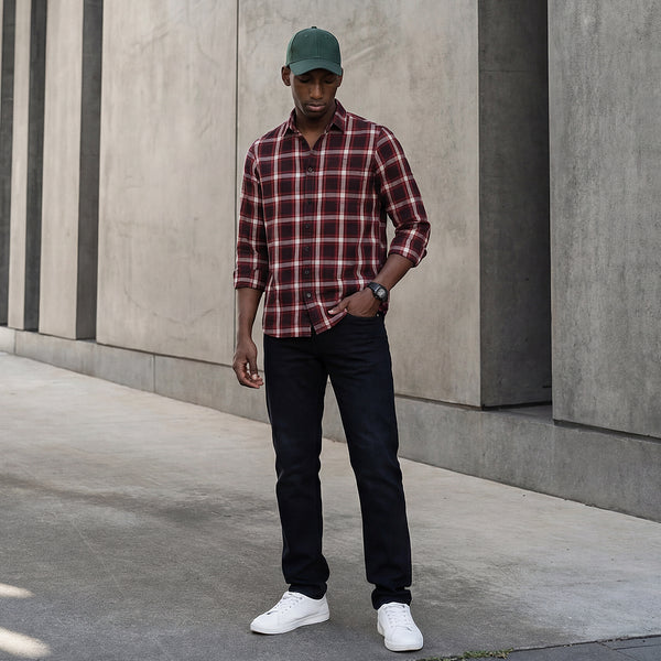 Full Sleeves Slim Fit Maroon Herringbone Structure Checks Shirt