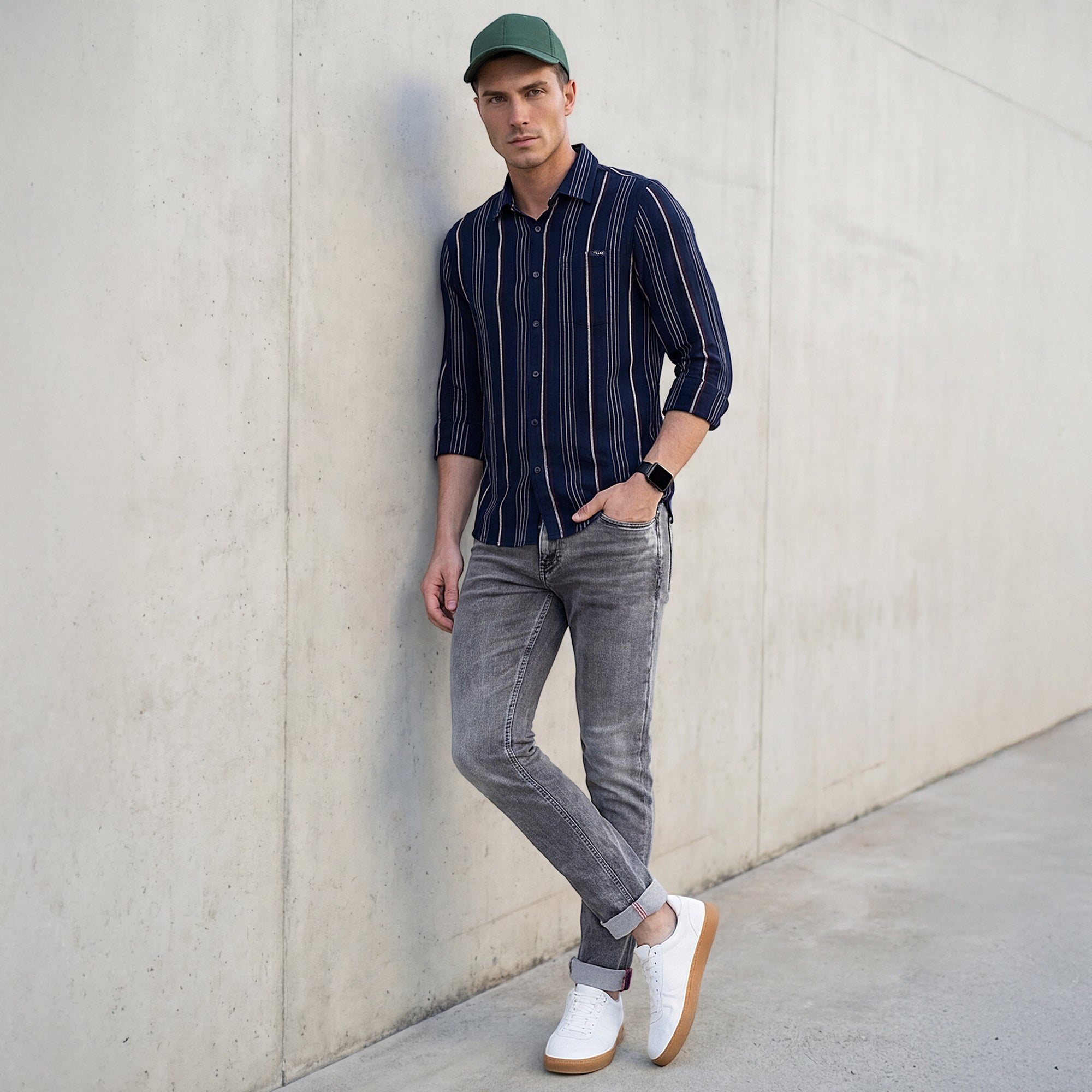 Men Navy Stripe Slim Fit Shirt