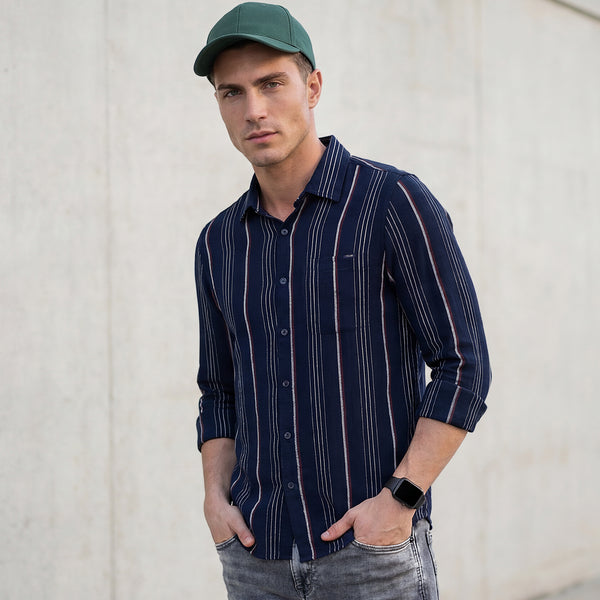 Full Sleeves Slim Fit Navy Structure Stripe Shirt