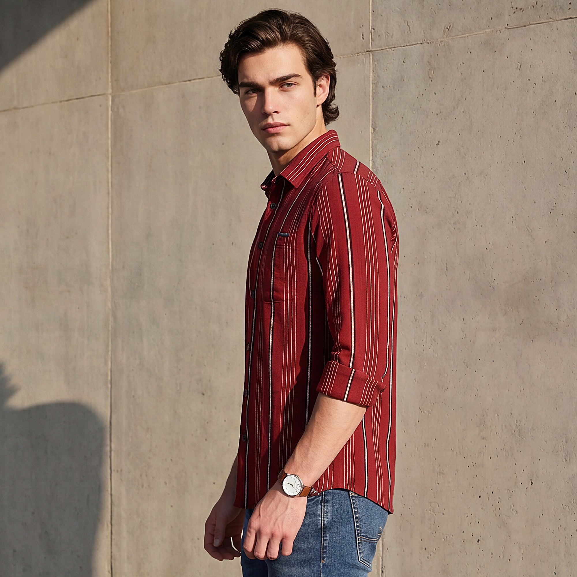 Men Maroon Stripe Slim Fit Shirt