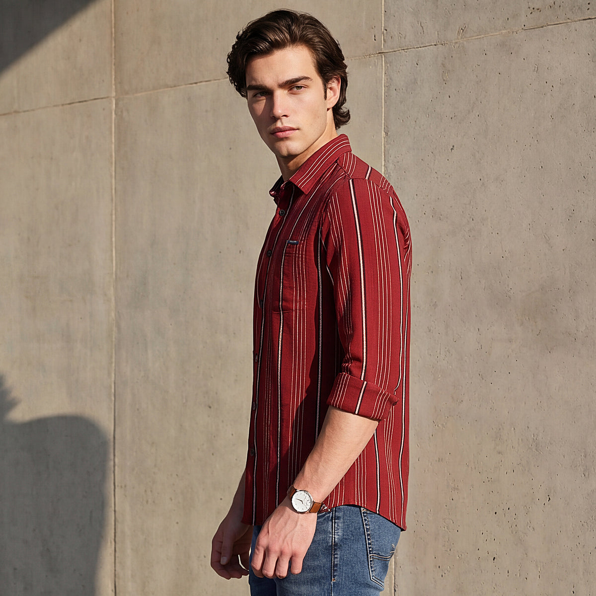 Full Sleeves Slim Fit Maroon Structure Stripe Shirt