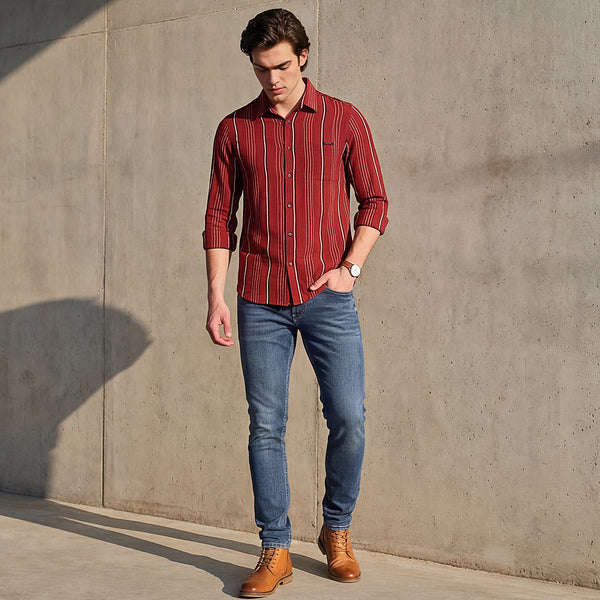 Full Sleeves Slim Fit Maroon Structure Stripe Shirt