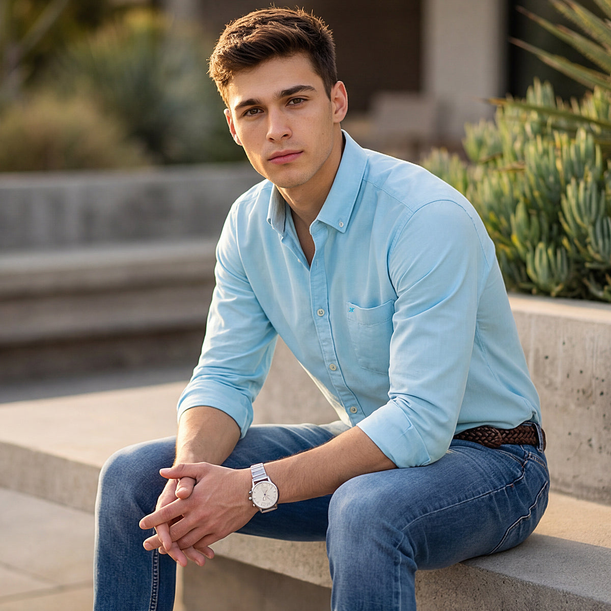 Full Sleeves Slim Fit Aqua Dobby Structure Button-Down Solid Shirt