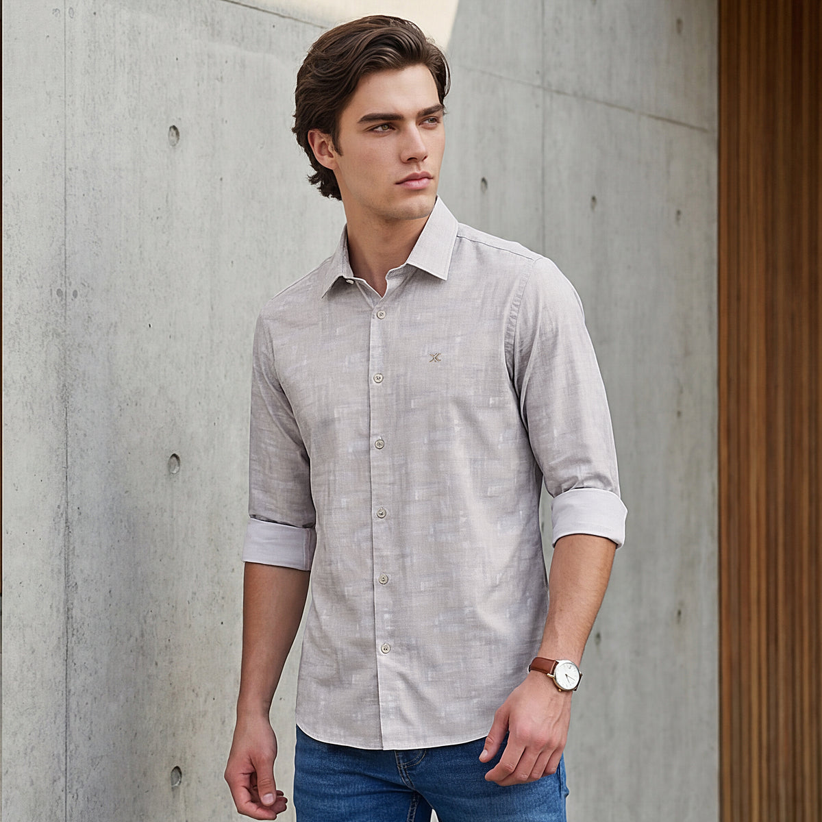 Full Sleeves Slim Fit Beige all-over Tonal Camau print Shirt