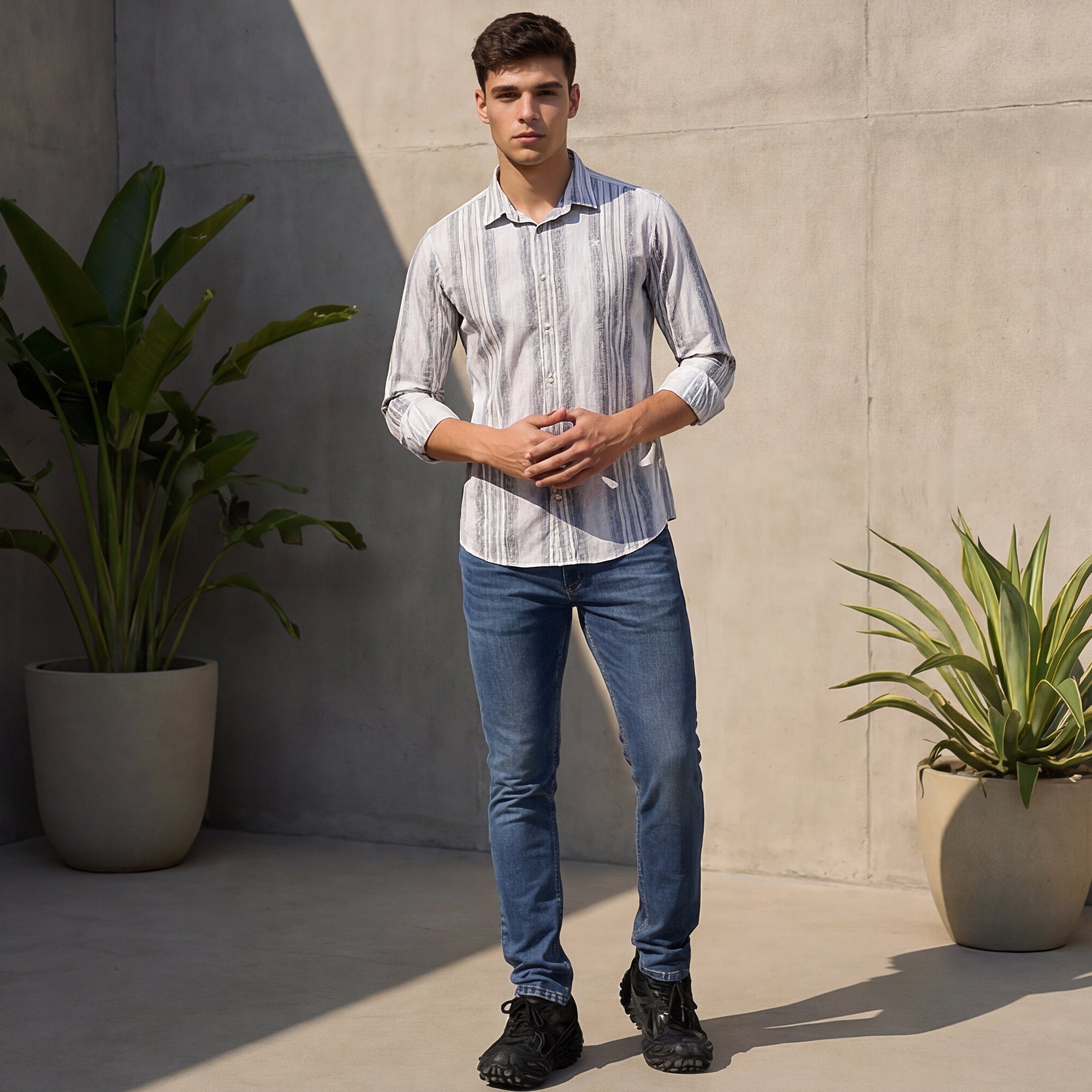 Full Sleeves Slim Fit Grey all-over Grunge Striper print Shirt