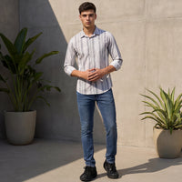 Full Sleeves Slim Fit Grey all-over Grunge Striper print Shirt