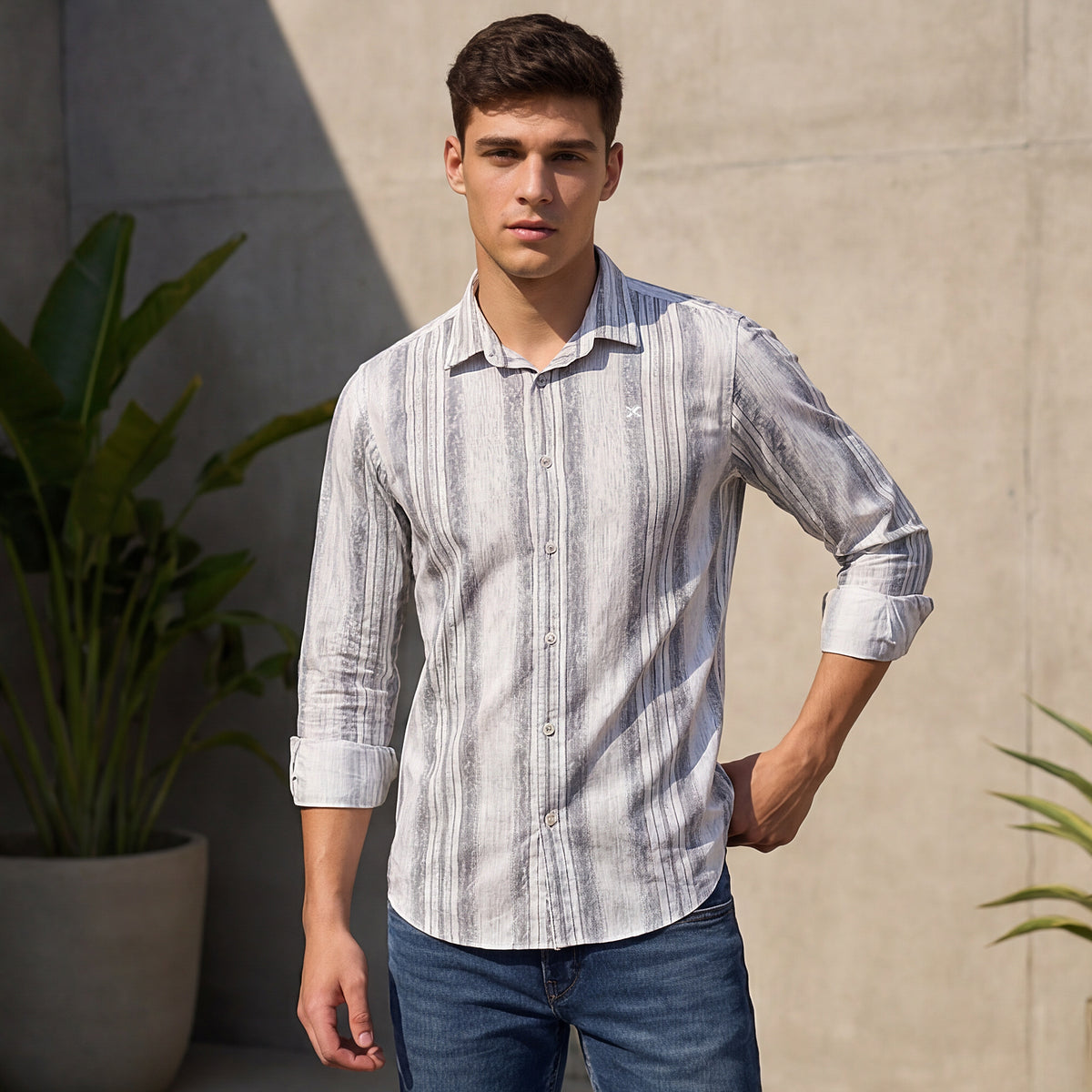 Full Sleeves Slim Fit Grey all-over Grunge Striper print Shirt
