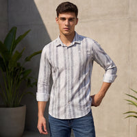 Full Sleeves Slim Fit Grey all-over Grunge Striper print Shirt