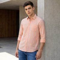 Men's Orange Striped Slim Fit Shirts