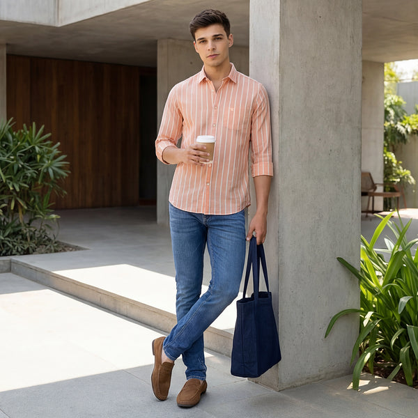 Men's Orange Striped Slim Fit Shirts