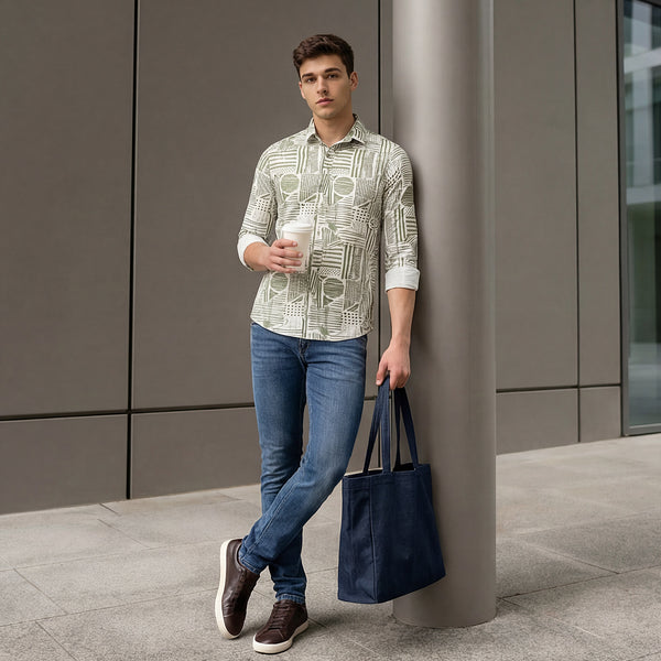 Full Sleeves Slim Fit Olive all-over Abstract Geometric print Shirt