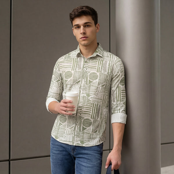 Full Sleeves Slim Fit Olive all-over Abstract Geometric print Shirt